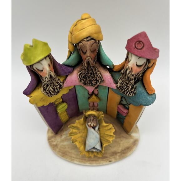 Handmade Studio Art Pottery Baby Jesus & Three Wisemen Figurine 5” Signed Ruiz - Picture 2 of 9